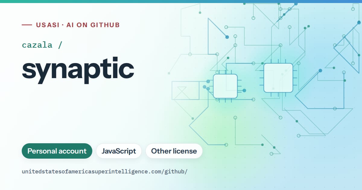 Generated teal circuit-trace artwork for cazala/synaptic, labeled USASI · AI on GitHub, with Personal account · JavaScript · Other license.
