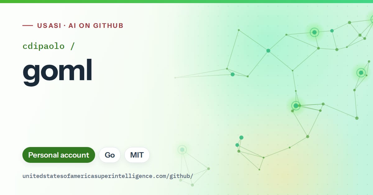 Generated green constellation network artwork for cdipaolo/goml, labeled USASI · AI on GitHub, with Personal account · Go · MIT.
