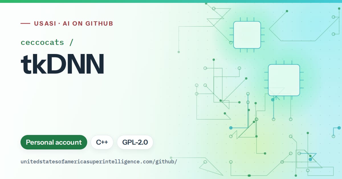 Generated green circuit-trace artwork for ceccocats/tkDNN, labeled USASI · AI on GitHub, with Personal account · C++ · GPL-2.0.