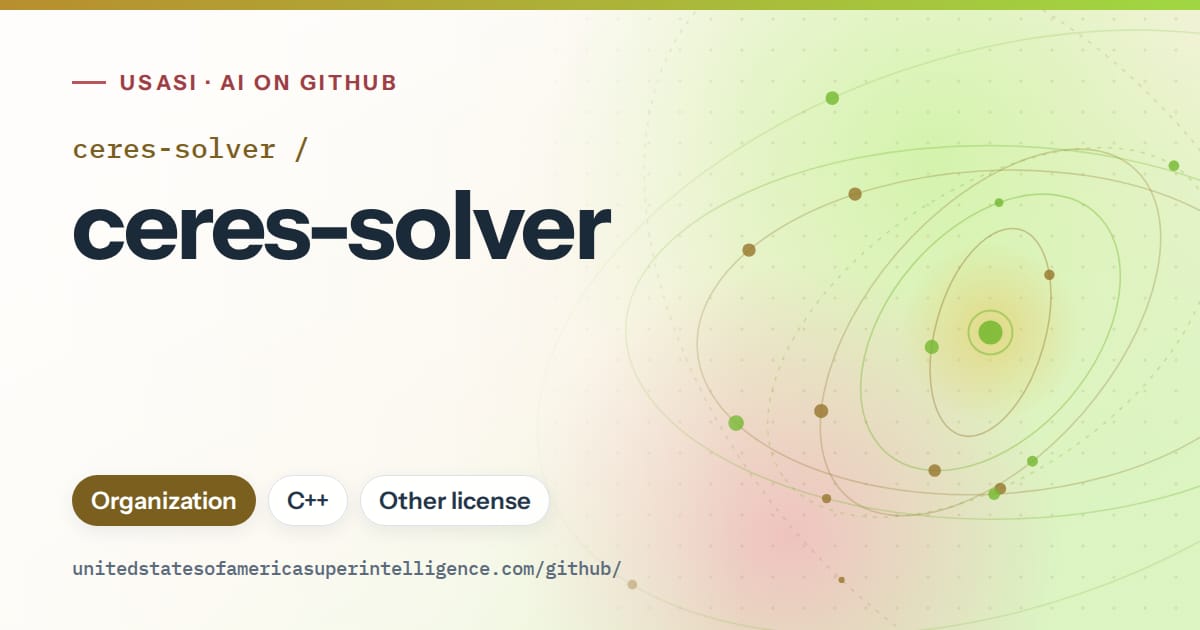 Generated orange orbit artwork for ceres-solver/ceres-solver, labeled USASI · AI on GitHub, with Organization · C++ · Other license.