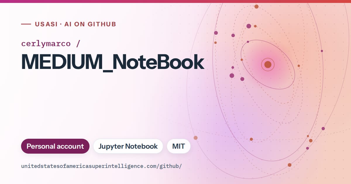 Generated pink orbit artwork for cerlymarco/MEDIUM_NoteBook, labeled USASI · AI on GitHub, with Personal account · Jupyter Notebook · MIT.