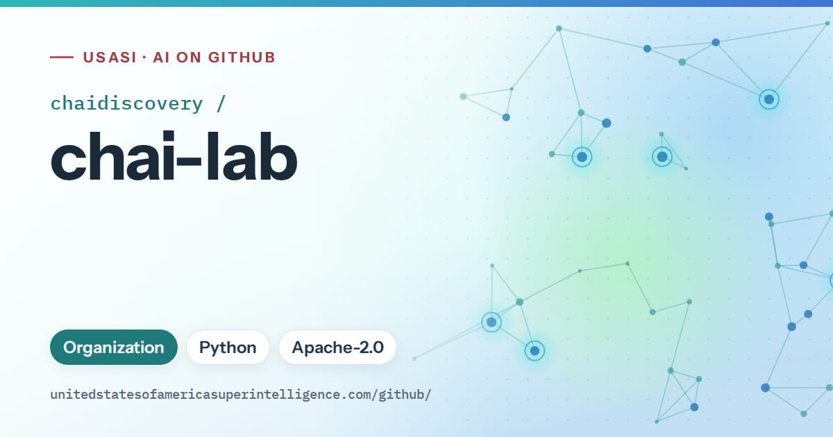 Generated teal constellation network artwork for chaidiscovery/chai-lab, labeled USASI · AI on GitHub, with Organization · Python · Apache-2.0.
