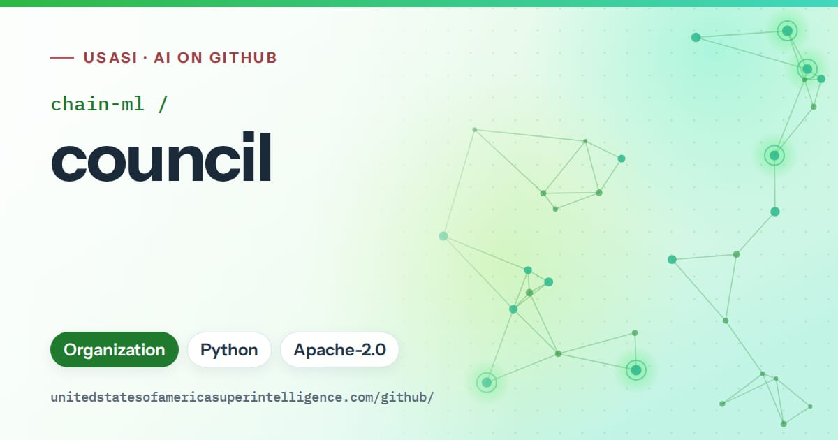 Generated green constellation network artwork for chain-ml/council, labeled USASI · AI on GitHub, with Organization · Python · Apache-2.0.