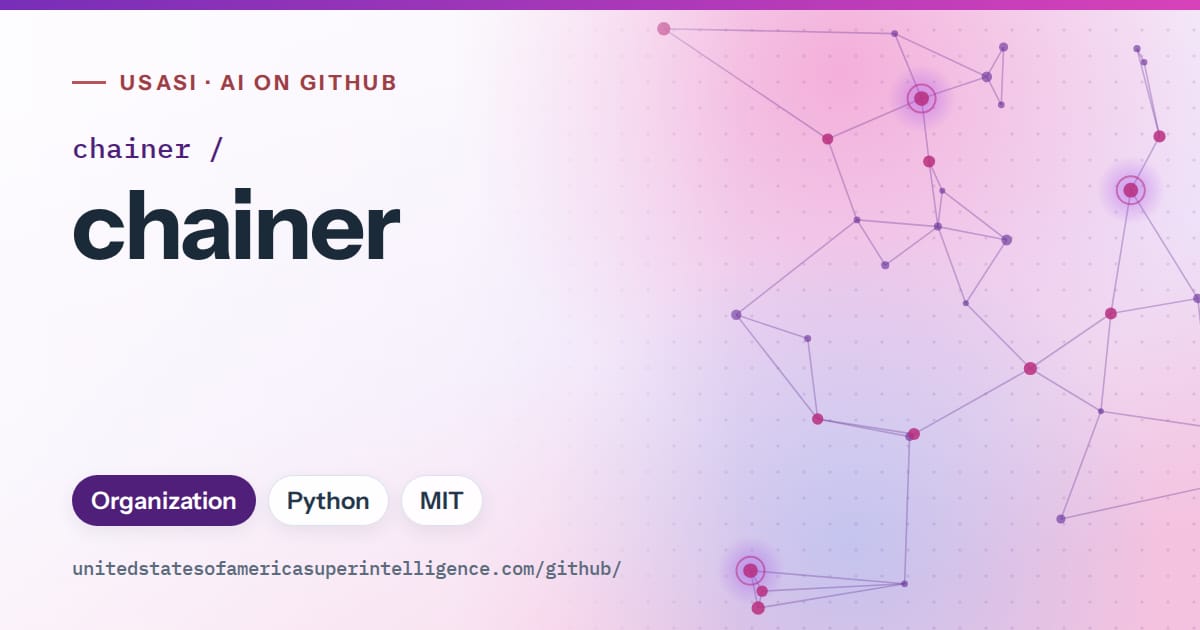 Generated violet constellation network artwork for chainer/chainer, labeled USASI · AI on GitHub, with Organization · Python · MIT.