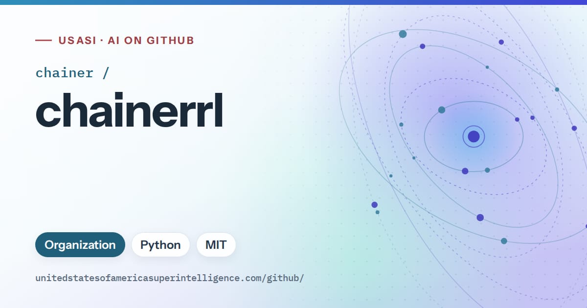 Generated sky blue orbit artwork for chainer/chainerrl, labeled USASI · AI on GitHub, with Organization · Python · MIT.