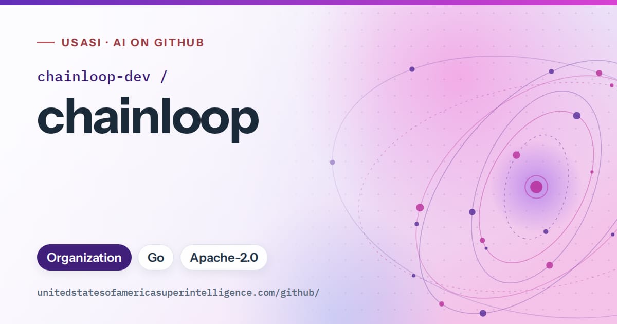 Generated violet orbit artwork for chainloop-dev/chainloop, labeled USASI · AI on GitHub, with Organization · Go · Apache-2.0.