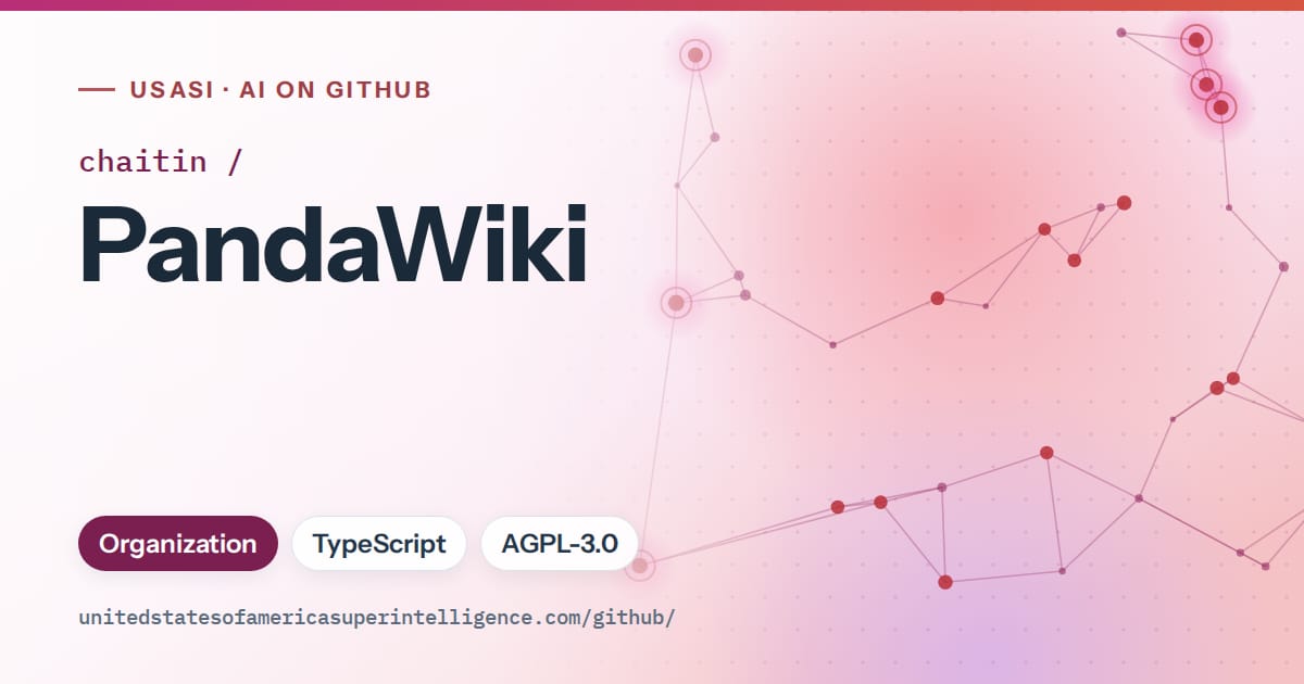 Generated pink constellation network artwork for chaitin/PandaWiki, labeled USASI · AI on GitHub, with Organization · TypeScript · AGPL-3.0.