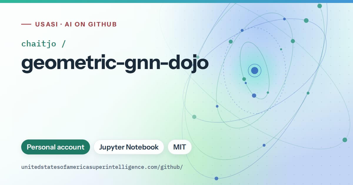 Generated teal orbit artwork for chaitjo/geometric-gnn-dojo, labeled USASI · AI on GitHub, with Personal account · Jupyter Notebook · MIT.