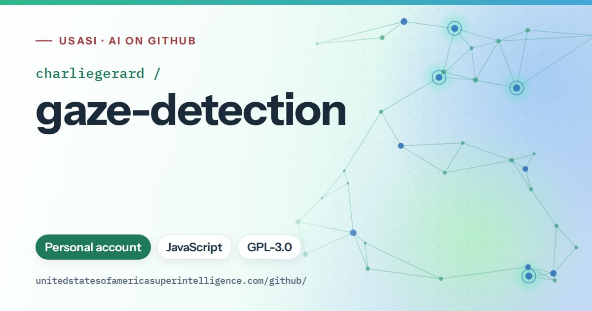 Generated teal constellation network artwork for charliegerard/gaze-detection, labeled USASI · AI on GitHub, with Personal account · JavaScript · GPL-3.0.