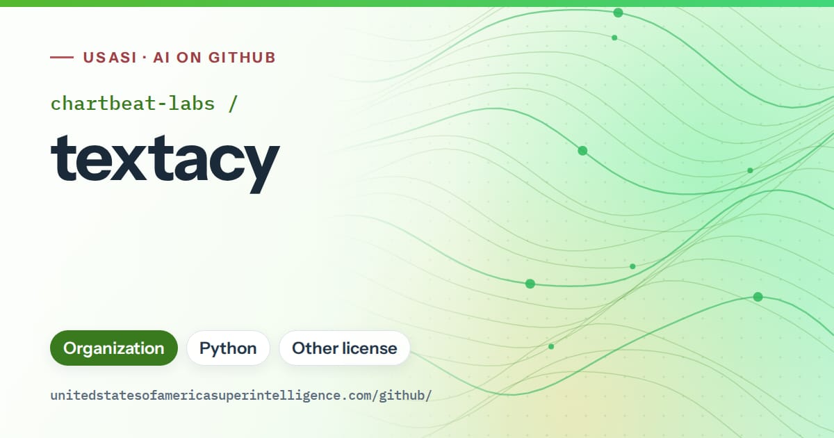 Generated green flowing-wave artwork for chartbeat-labs/textacy, labeled USASI · AI on GitHub, with Organization · Python · Other license.