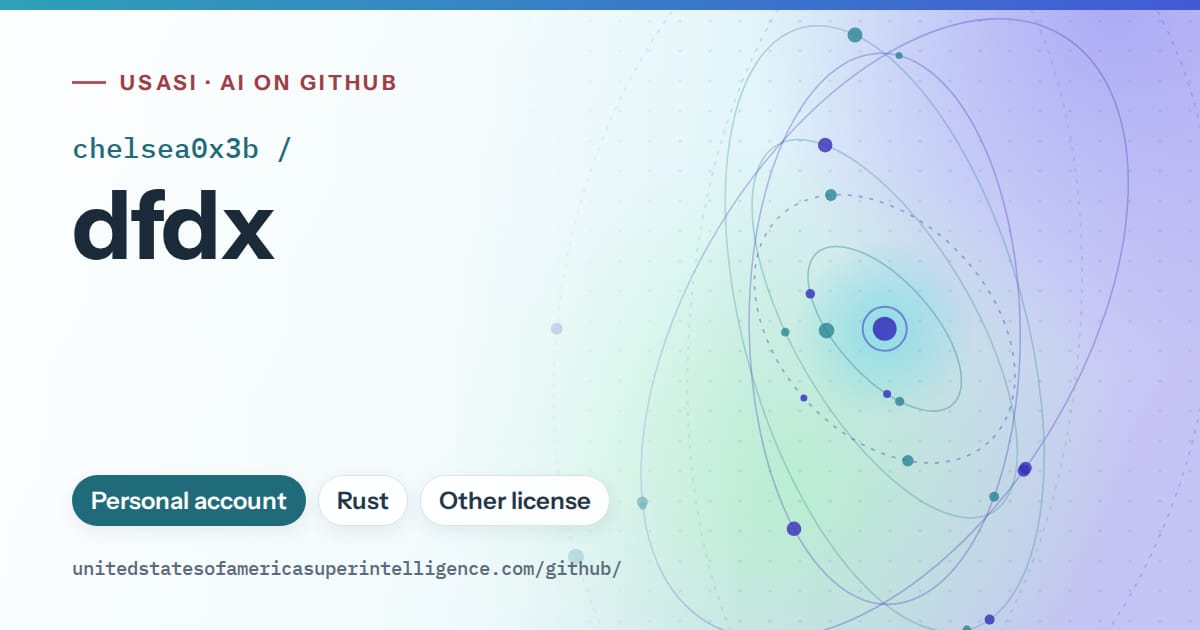Generated sky blue orbit artwork for chelsea0x3b/dfdx, labeled USASI · AI on GitHub, with Personal account · Rust · Other license.