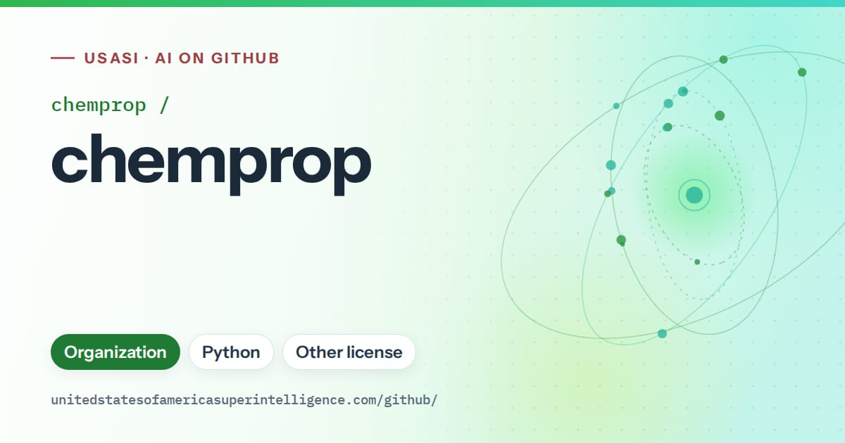 Generated green orbit artwork for chemprop/chemprop, labeled USASI · AI on GitHub, with Organization · Python · Other license.