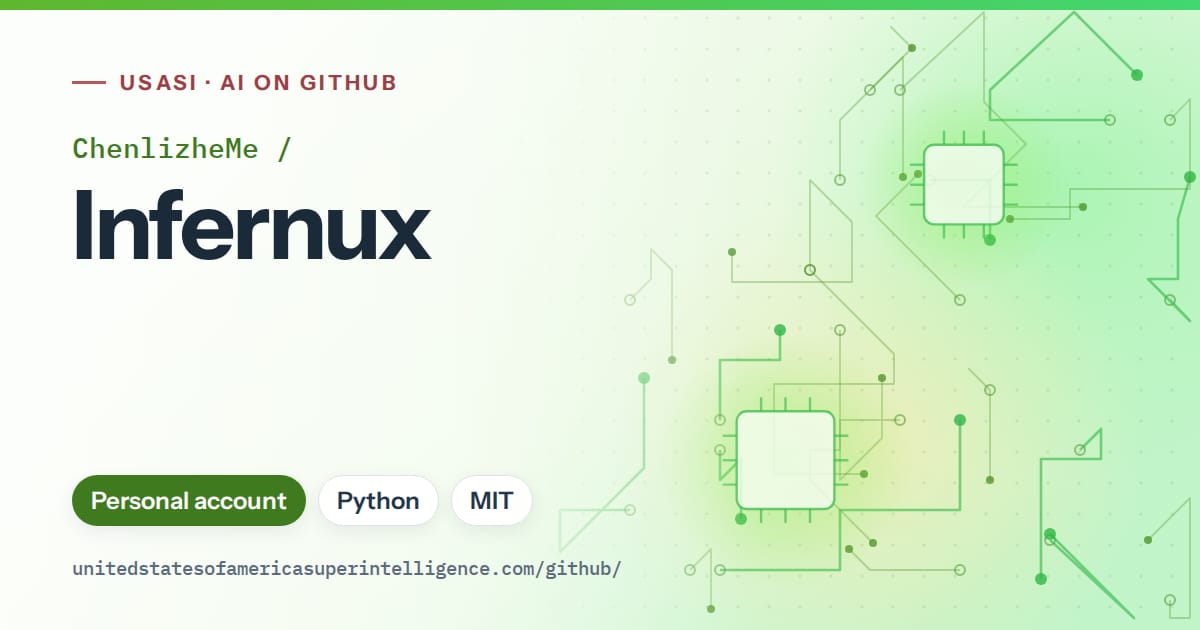 Generated green circuit-trace artwork for ChenlizheMe/Infernux, labeled USASI · AI on GitHub, with Personal account · Python · MIT.