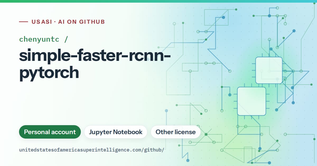 Generated green circuit-trace artwork for chenyuntc/simple-faster-rcnn-pytorch, labeled USASI · AI on GitHub, with Personal account · Jupyter Notebook · Other license.