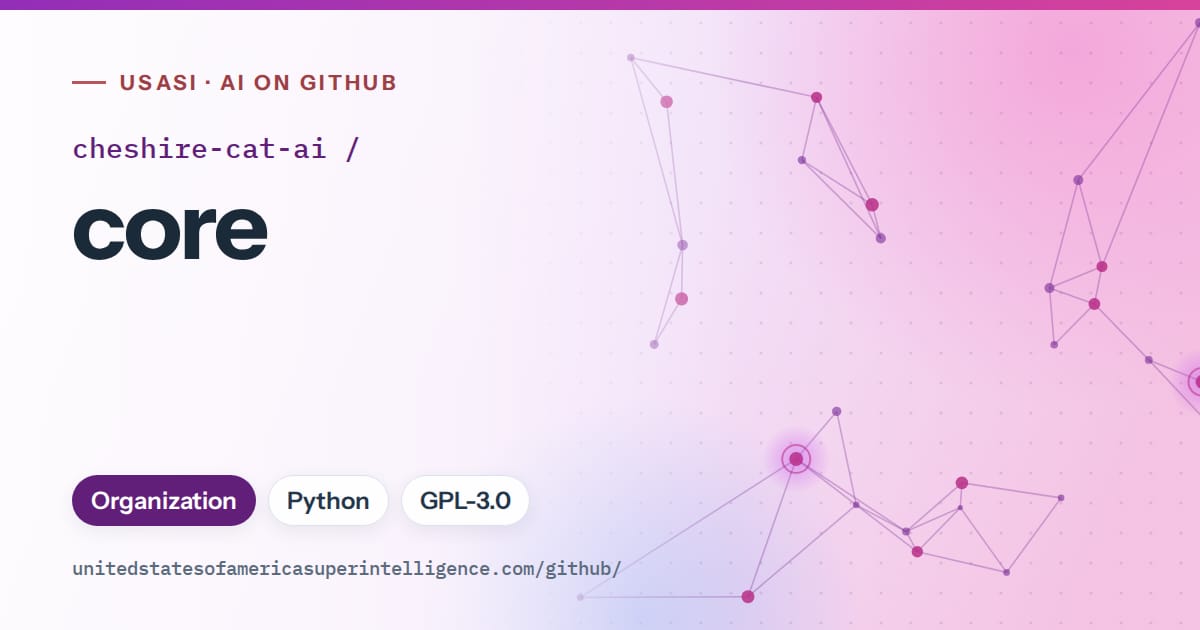 Generated violet constellation network artwork for cheshire-cat-ai/core, labeled USASI · AI on GitHub, with Organization · Python · GPL-3.0.