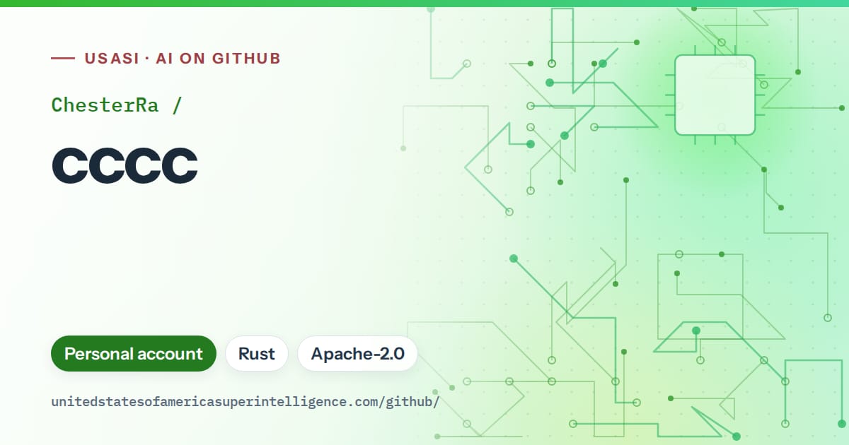 Generated green circuit-trace artwork for ChesterRa/cccc, labeled USASI · AI on GitHub, with Personal account · Rust · Apache-2.0.