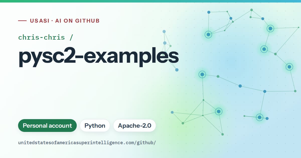 Generated teal constellation network artwork for chris-chris/pysc2-examples, labeled USASI · AI on GitHub, with Personal account · Python · Apache-2.0.