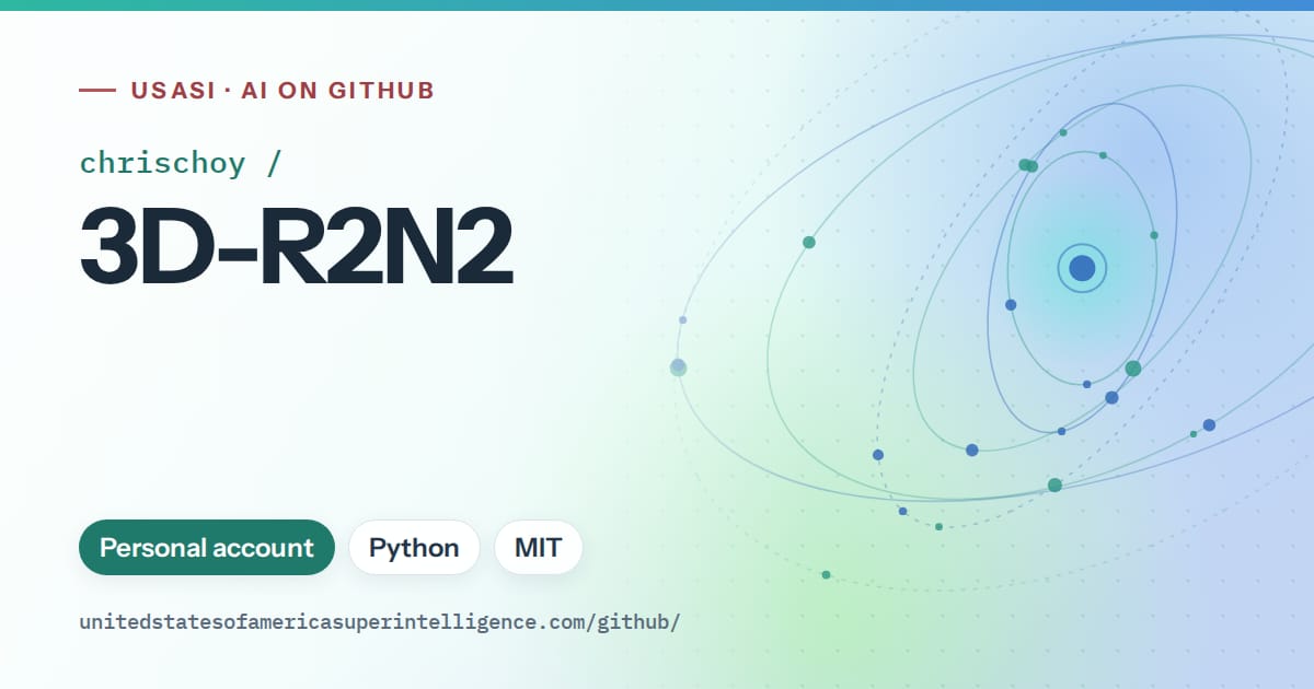 Generated teal orbit artwork for chrischoy/3D-R2N2, labeled USASI · AI on GitHub, with Personal account · Python · MIT.