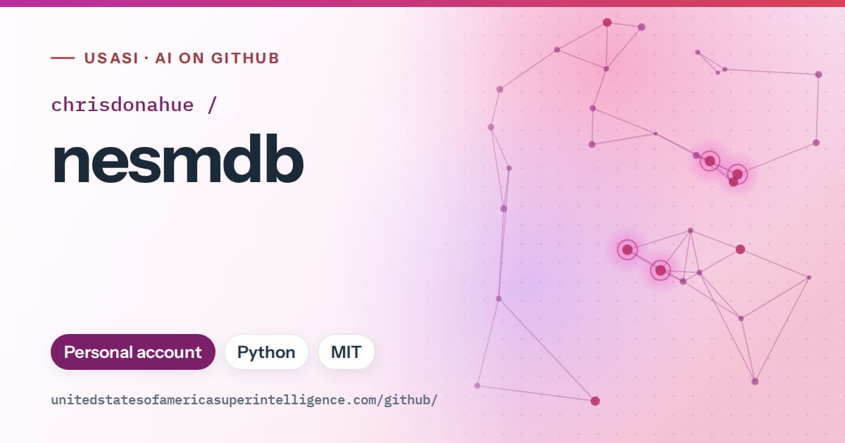 Generated purple constellation network artwork for chrisdonahue/nesmdb, labeled USASI · AI on GitHub, with Personal account · Python · MIT.