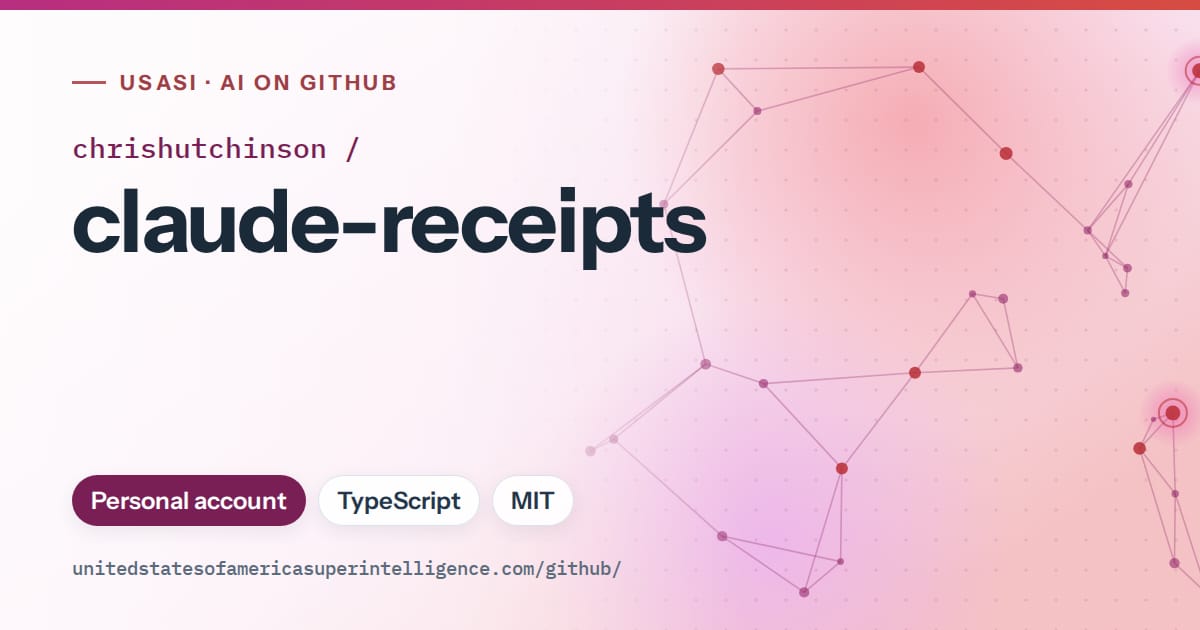 Generated pink constellation network artwork for chrishutchinson/claude-receipts, labeled USASI · AI on GitHub, with Personal account · TypeScript · MIT.