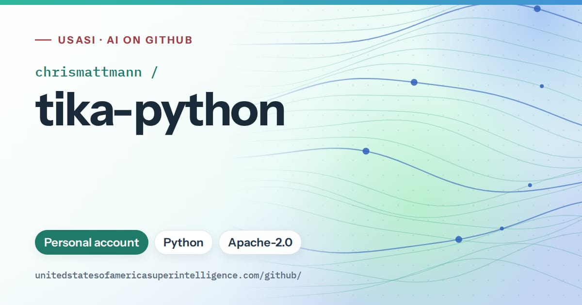 Generated teal flowing-wave artwork for chrismattmann/tika-python, labeled USASI · AI on GitHub, with Personal account · Python · Apache-2.0.