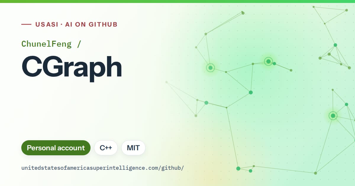 Generated green constellation network artwork for ChunelFeng/CGraph, labeled USASI · AI on GitHub, with Personal account · C++ · MIT.