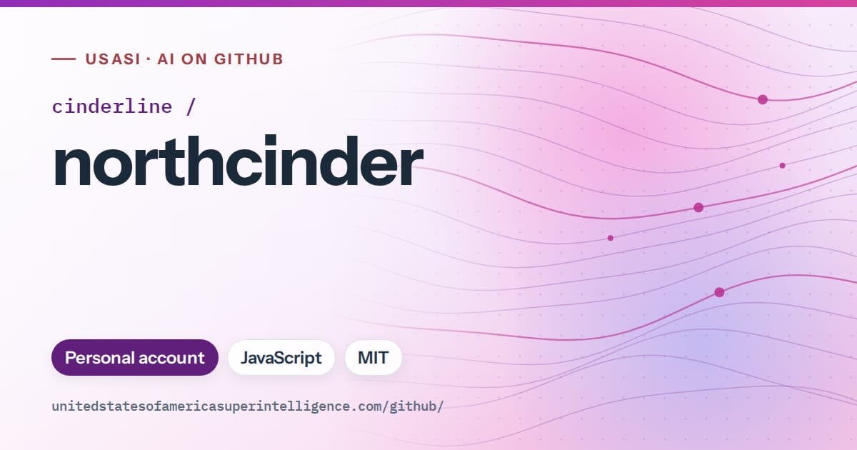 Generated violet flowing-wave artwork for cinderline/northcinder, labeled USASI · AI on GitHub, with Personal account · JavaScript · MIT.