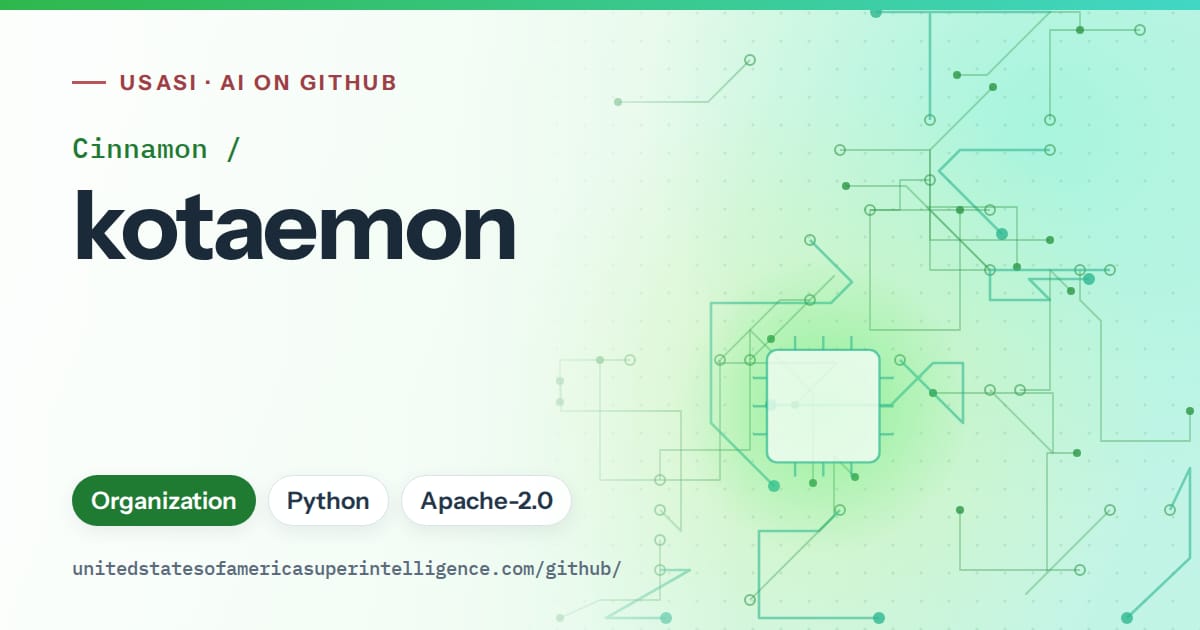 Generated green circuit-trace artwork for Cinnamon/kotaemon, labeled USASI · AI on GitHub, with Organization · Python · Apache-2.0.