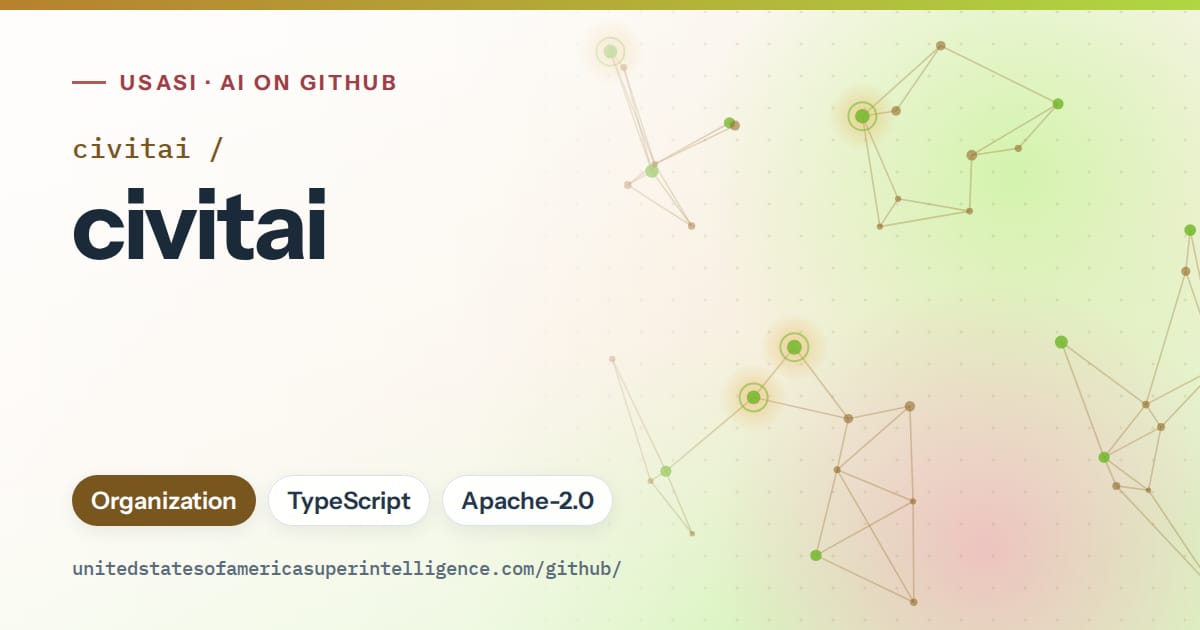 Generated orange constellation network artwork for civitai/civitai, labeled USASI · AI on GitHub, with Organization · TypeScript · Apache-2.0.