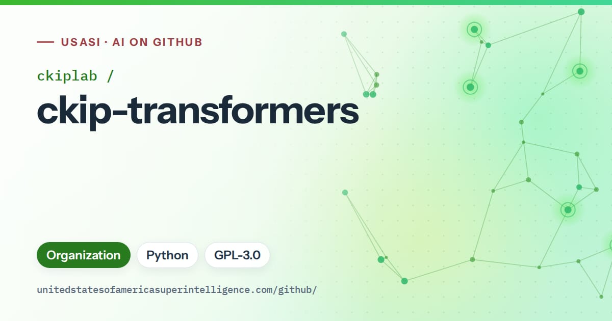 Generated green constellation network artwork for ckiplab/ckip-transformers, labeled USASI · AI on GitHub, with Organization · Python · GPL-3.0.