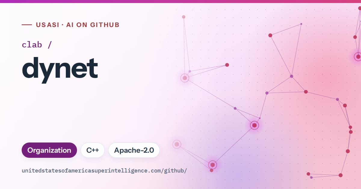 Generated purple constellation network artwork for clab/dynet, labeled USASI · AI on GitHub, with Organization · C++ · Apache-2.0.