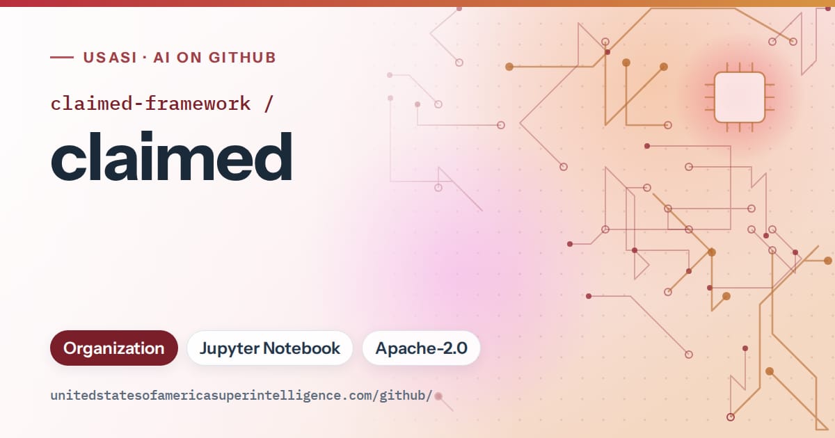Generated red circuit-trace artwork for claimed-framework/claimed, labeled USASI · AI on GitHub, with Organization · Jupyter Notebook · Apache-2.0.
