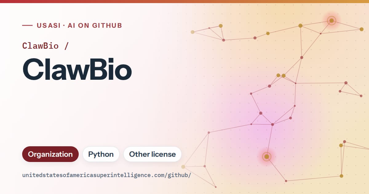 Generated red constellation network artwork for ClawBio/ClawBio, labeled USASI · AI on GitHub, with Organization · Python · Other license.
