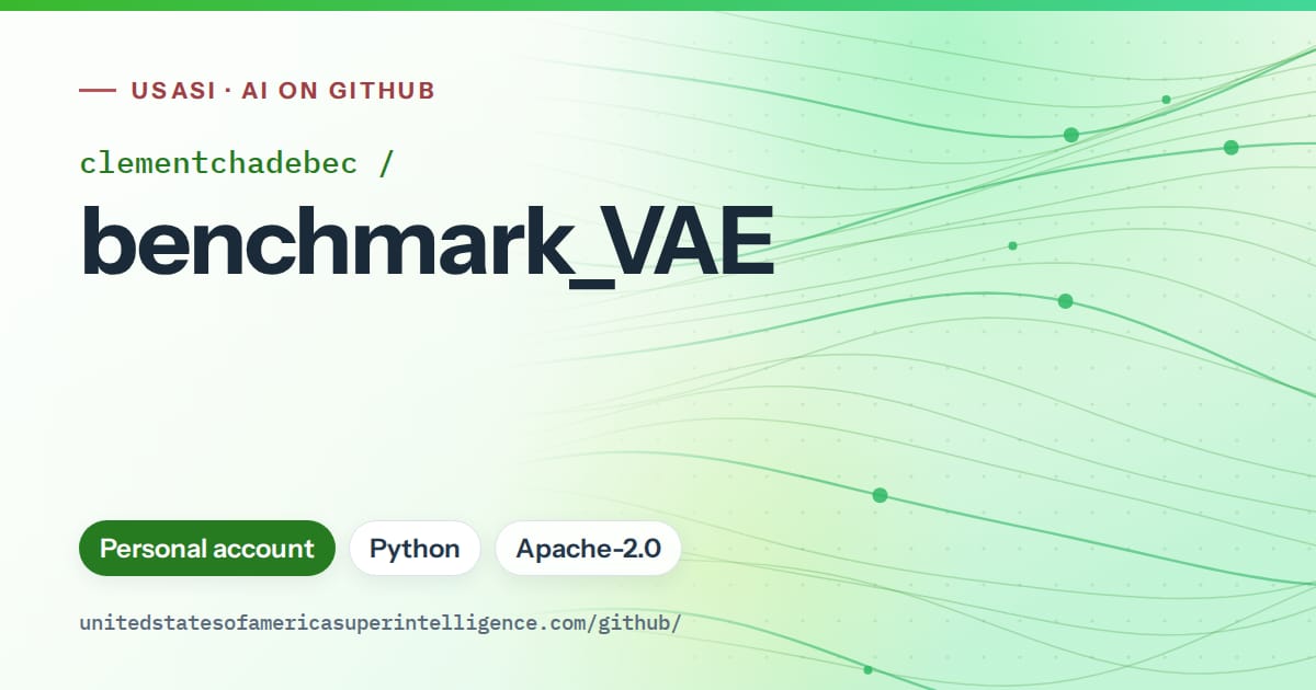 Generated green flowing-wave artwork for clementchadebec/benchmark_VAE, labeled USASI · AI on GitHub, with Personal account · Python · Apache-2.0.
