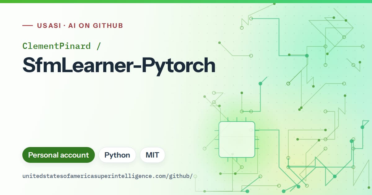 Generated green circuit-trace artwork for ClementPinard/SfmLearner-Pytorch, labeled USASI · AI on GitHub, with Personal account · Python · MIT.