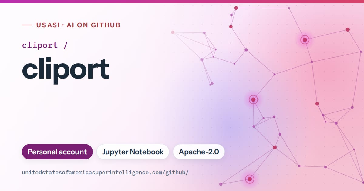 Generated purple constellation network artwork for cliport/cliport, labeled USASI · AI on GitHub, with Personal account · Jupyter Notebook · Apache-2.0.