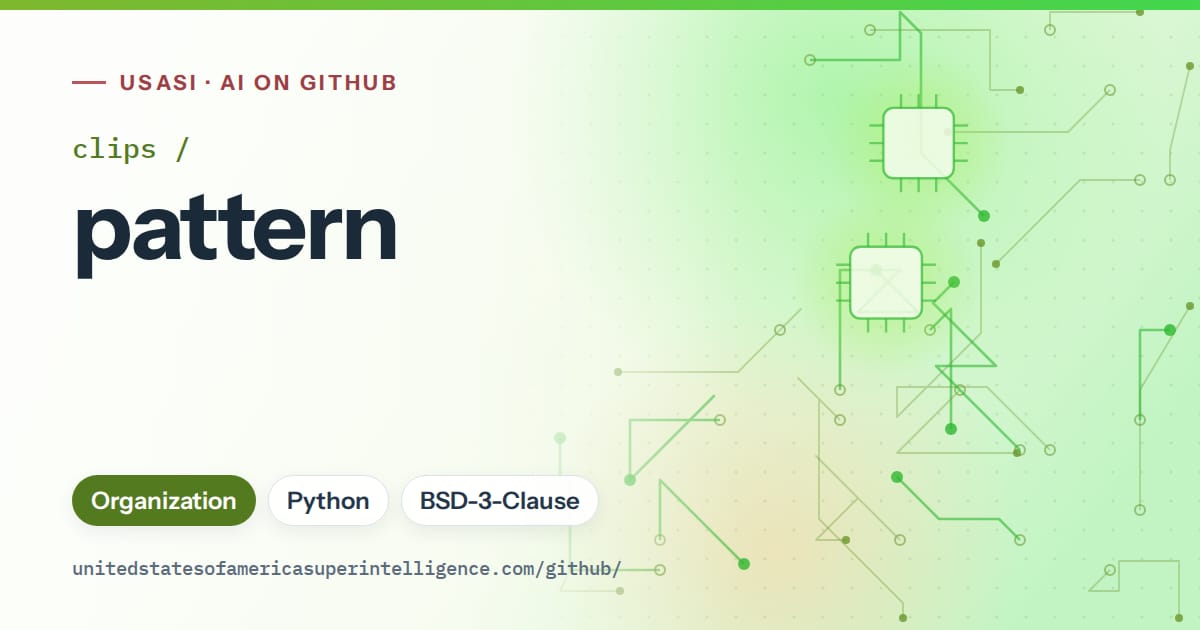 Generated green circuit-trace artwork for clips/pattern, labeled USASI · AI on GitHub, with Organization · Python · BSD-3-Clause.