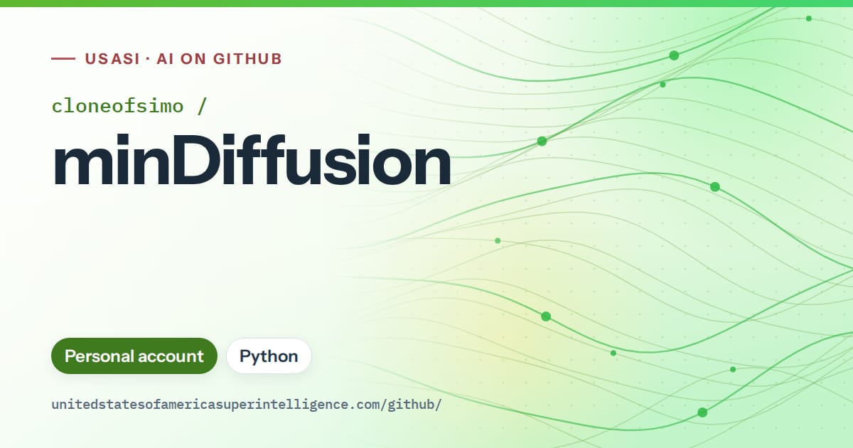 Generated green flowing-wave artwork for cloneofsimo/minDiffusion, labeled USASI · AI on GitHub, with Personal account · Python.
