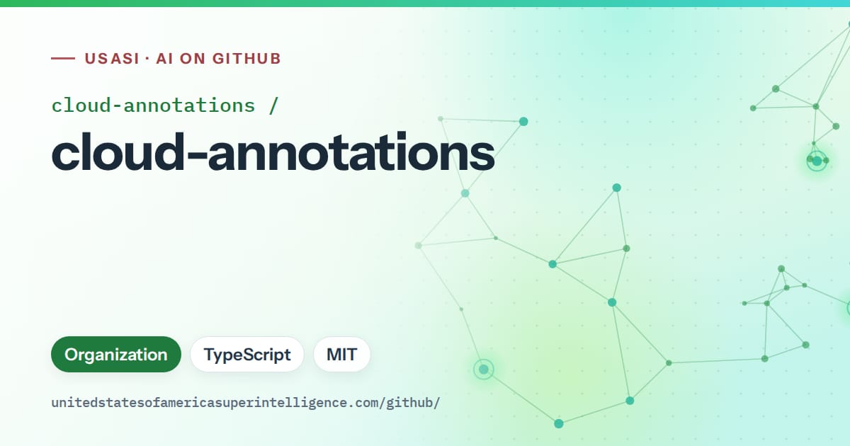 Generated green constellation network artwork for cloud-annotations/cloud-annotations, labeled USASI · AI on GitHub, with Organization · TypeScript · MIT.