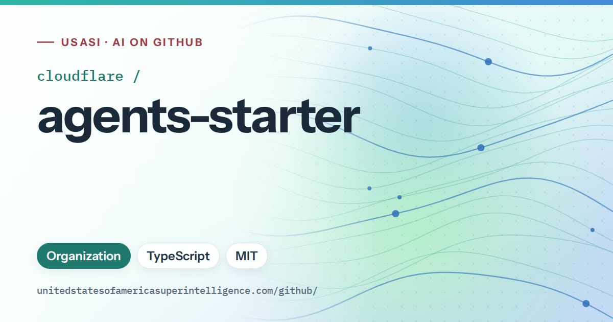 Generated teal flowing-wave artwork for cloudflare/agents-starter, labeled USASI · AI on GitHub, with Organization · TypeScript · MIT.