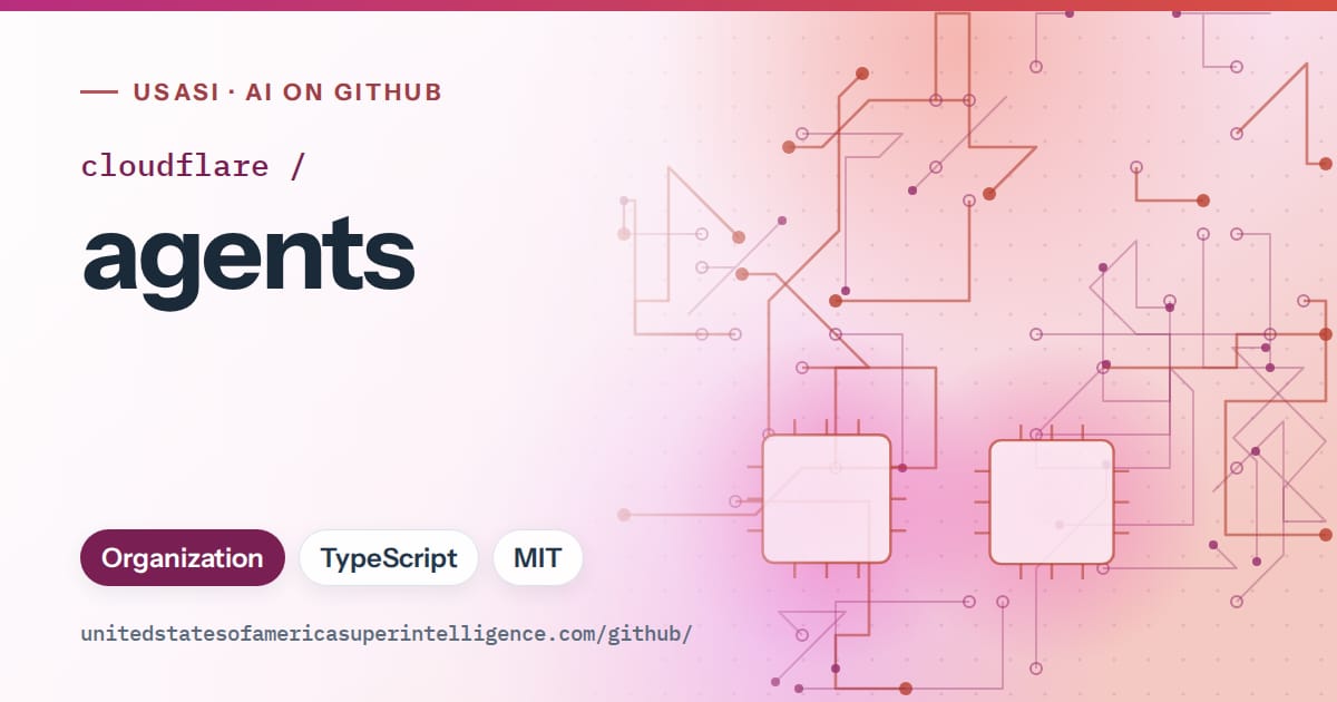 Generated pink circuit-trace artwork for cloudflare/agents, labeled USASI · AI on GitHub, with Organization · TypeScript · MIT.
