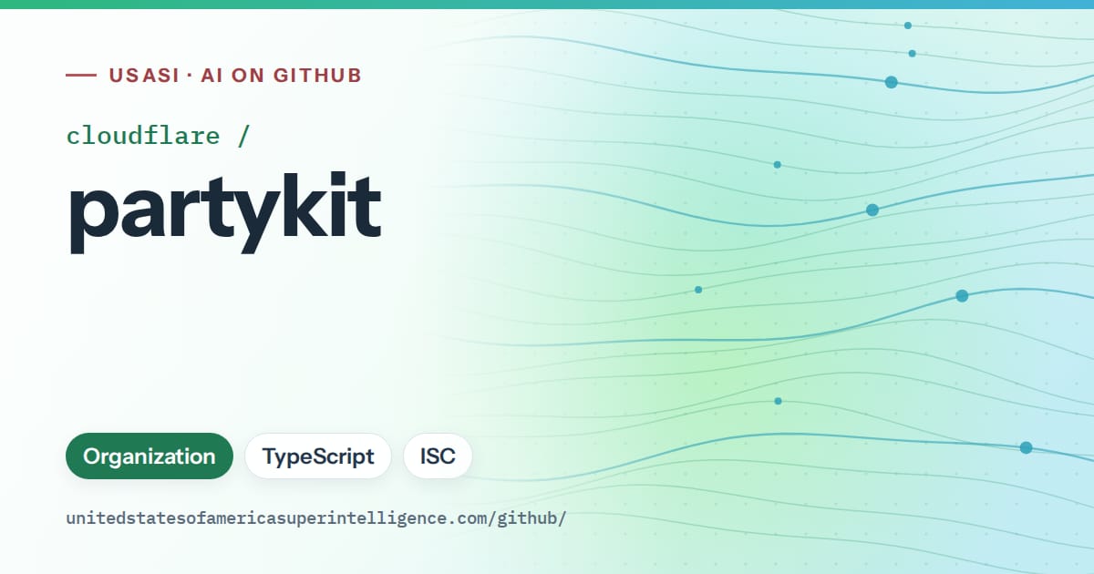 Generated teal flowing-wave artwork for cloudflare/partykit, labeled USASI · AI on GitHub, with Organization · TypeScript · ISC.