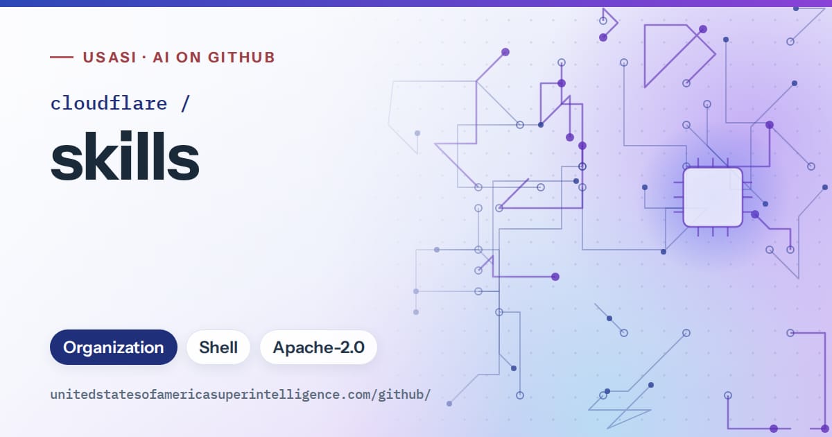Generated blue circuit-trace artwork for cloudflare/skills, labeled USASI · AI on GitHub, with Organization · Shell · Apache-2.0.