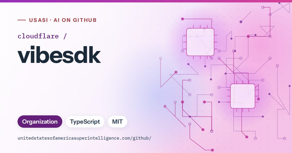 Generated purple circuit-trace artwork for cloudflare/vibesdk, labeled USASI · AI on GitHub, with Organization · TypeScript · MIT.