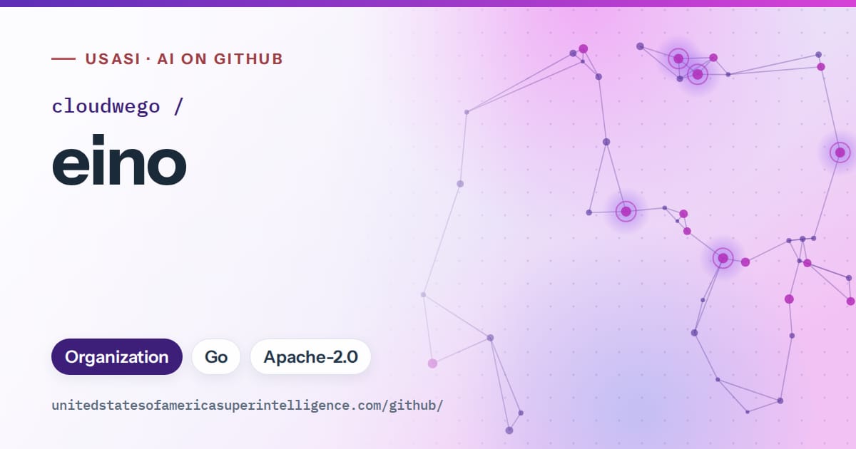 Generated violet constellation network artwork for cloudwego/eino, labeled USASI · AI on GitHub, with Organization · Go · Apache-2.0.