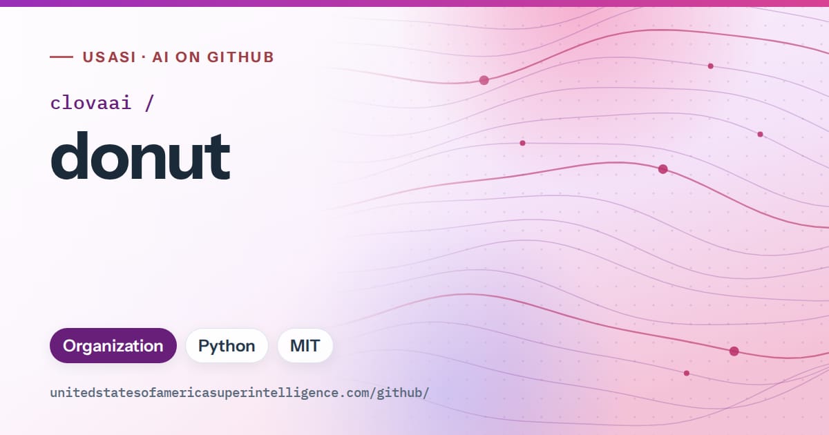 Generated purple flowing-wave artwork for clovaai/donut, labeled USASI · AI on GitHub, with Organization · Python · MIT.