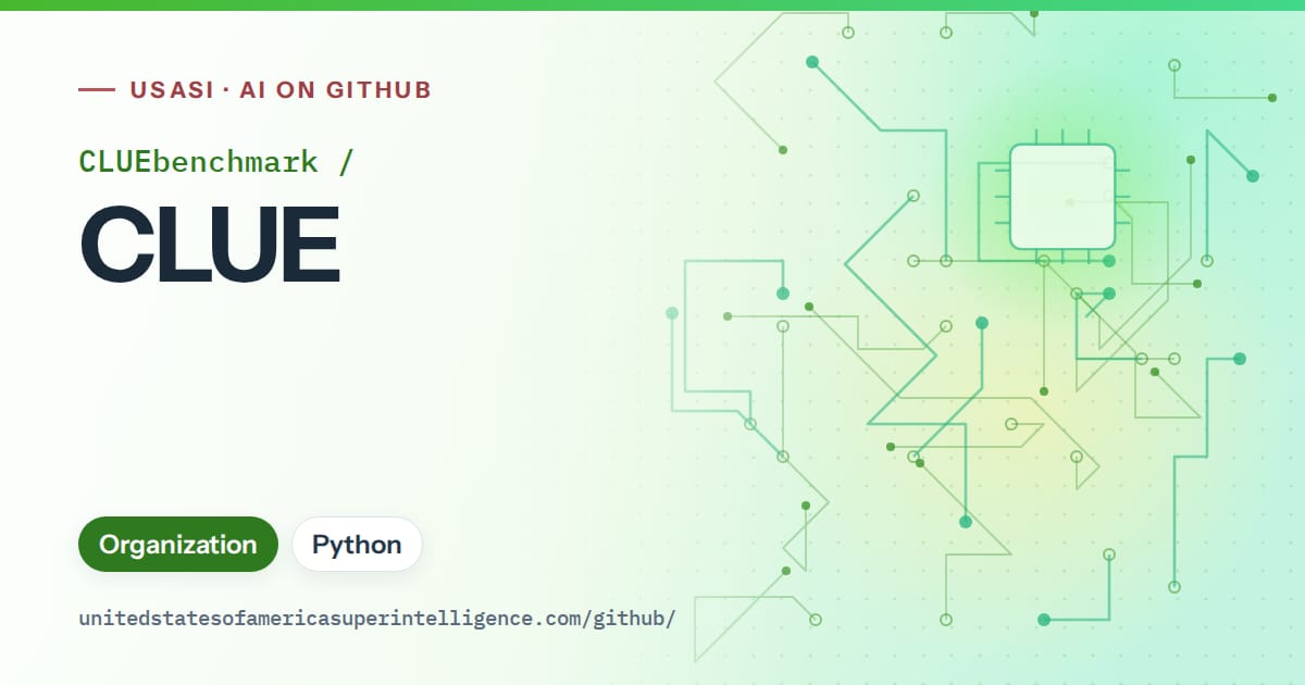 Generated green circuit-trace artwork for CLUEbenchmark/CLUE, labeled USASI · AI on GitHub, with Organization · Python.