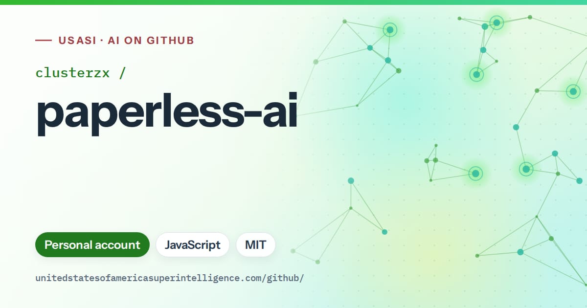 Generated green constellation network artwork for clusterzx/paperless-ai, labeled USASI · AI on GitHub, with Personal account · JavaScript · MIT.