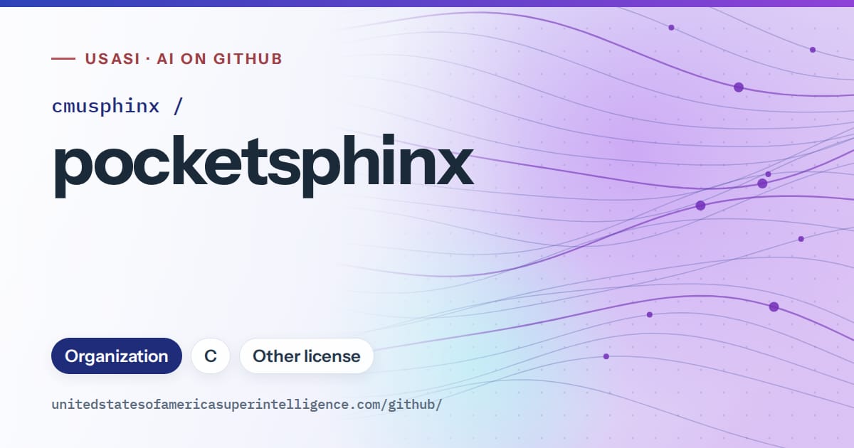Generated blue flowing-wave artwork for cmusphinx/pocketsphinx, labeled USASI · AI on GitHub, with Organization · C · Other license.