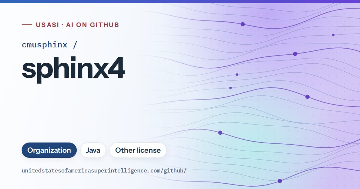 Generated blue flowing-wave artwork for cmusphinx/sphinx4, labeled USASI · AI on GitHub, with Organization · Java · Other license.